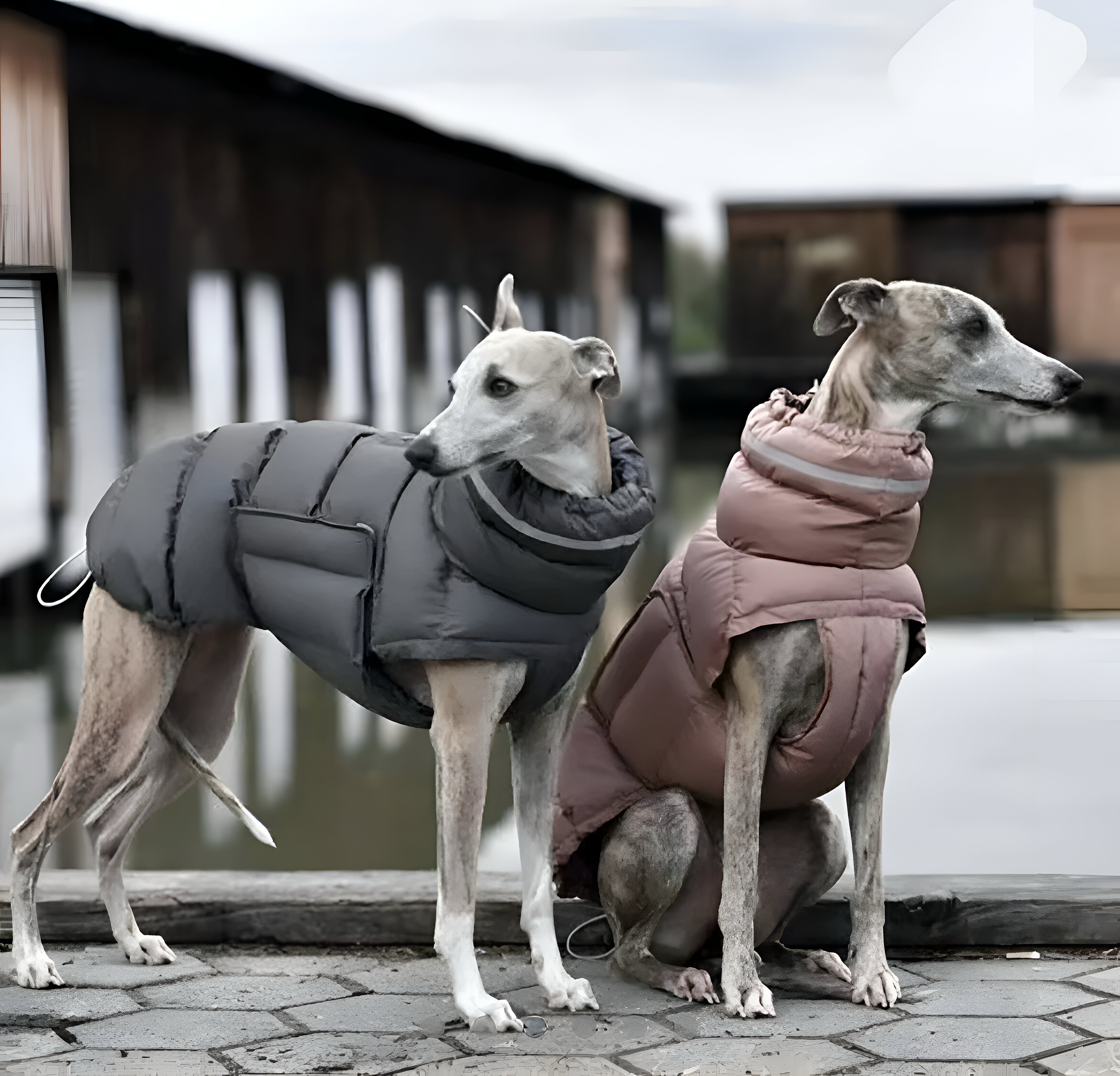 Seitliche Ansicht von zwei Hunden in grauem und rosafarbenem Puffer-Mantel mit ergonomischer Passform