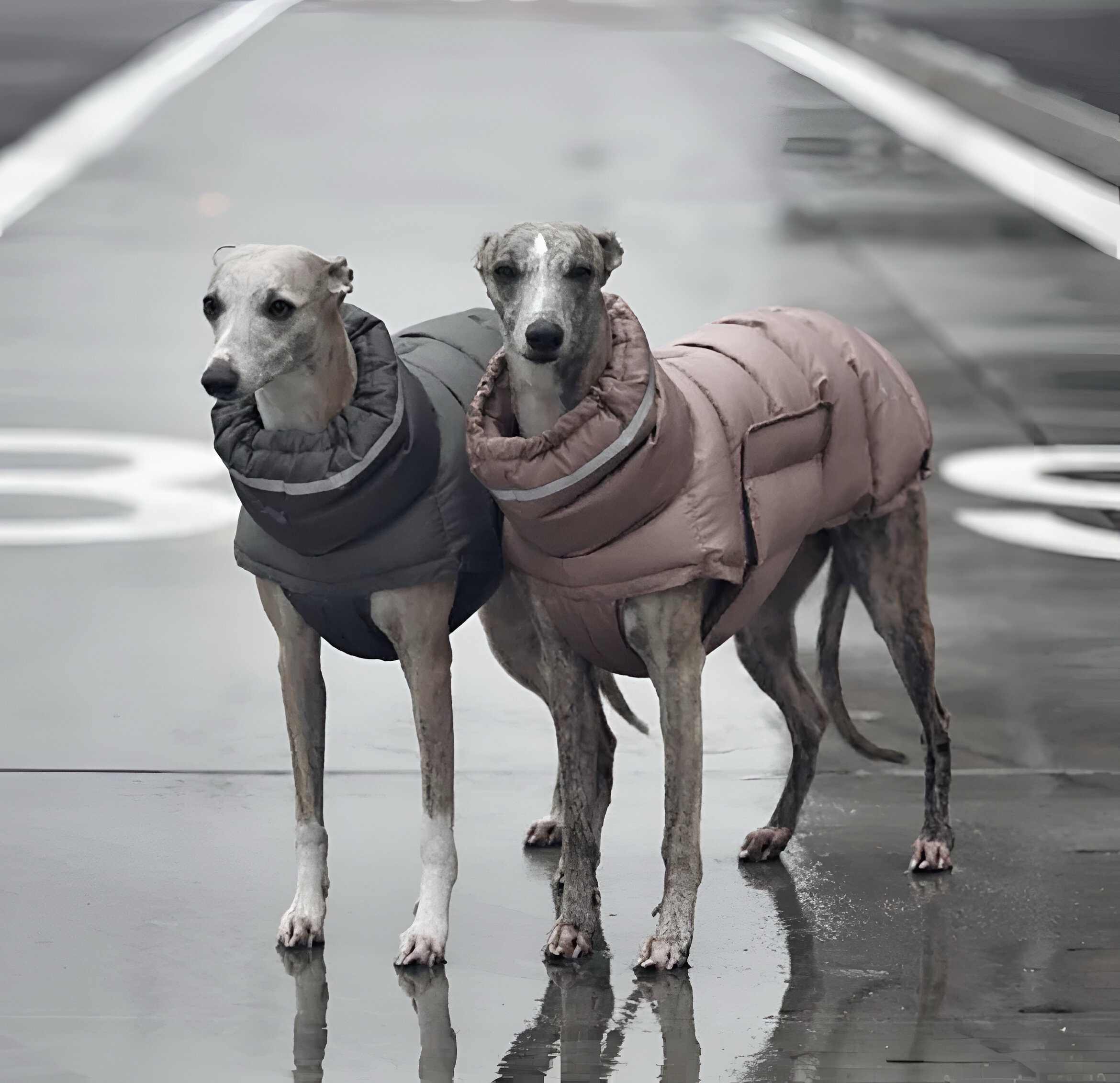 Zwei Hunde tragen gesteppte Puffer-Mäntel in Soft Blush und Urban Grey auf nasser Straße